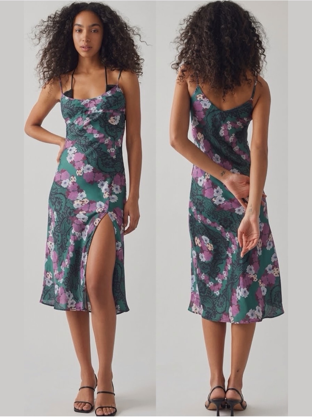Free People Right This Way Printed Bias Slip Dress Green Floral Satin Midi M New